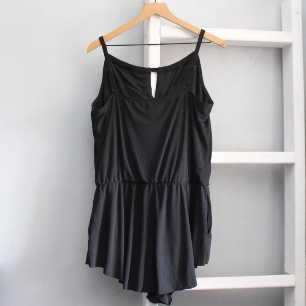 Aqua Green Women's Black Standard Keyhole Blouson Romper One-Piece Swimsuit XL - Picture 3 of 10